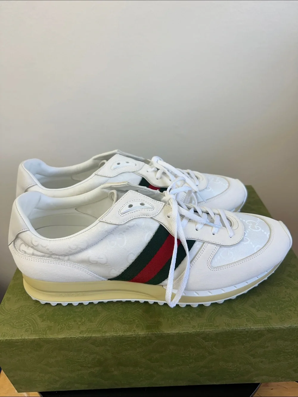 White Gucci Sneakers with Green & Red Stripe